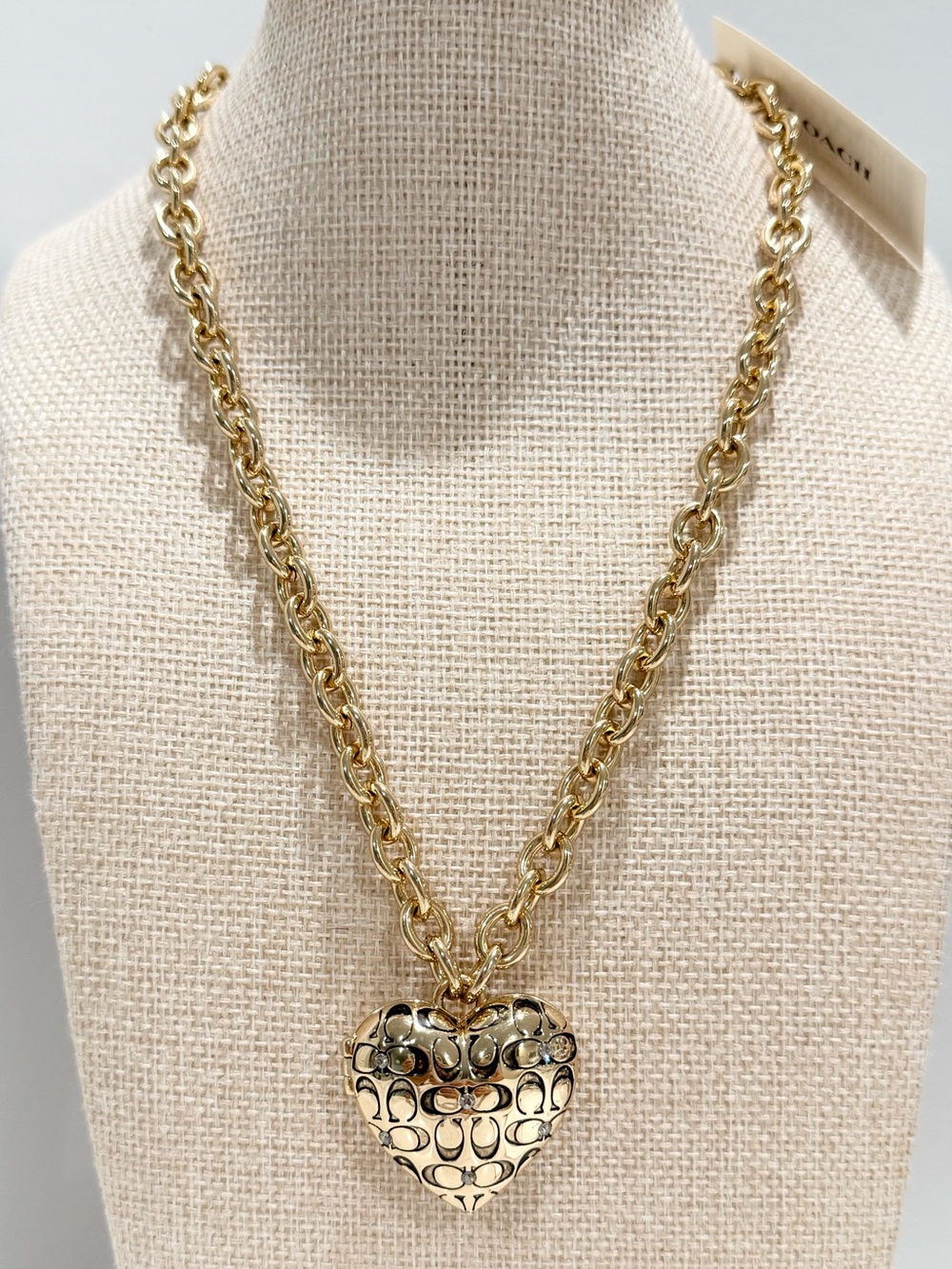 COACH Womens Signature Quilted Gold Crystal Heart Locket Necklace